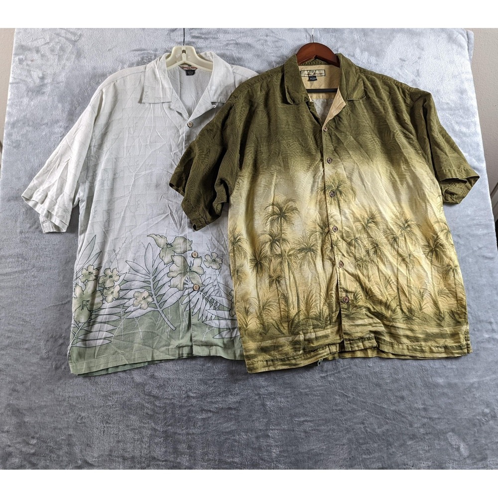 Lot 2 Tommy Bahama Camp Shirt Mens Large Silk Hawaiian Palm Floral Aloha Relax